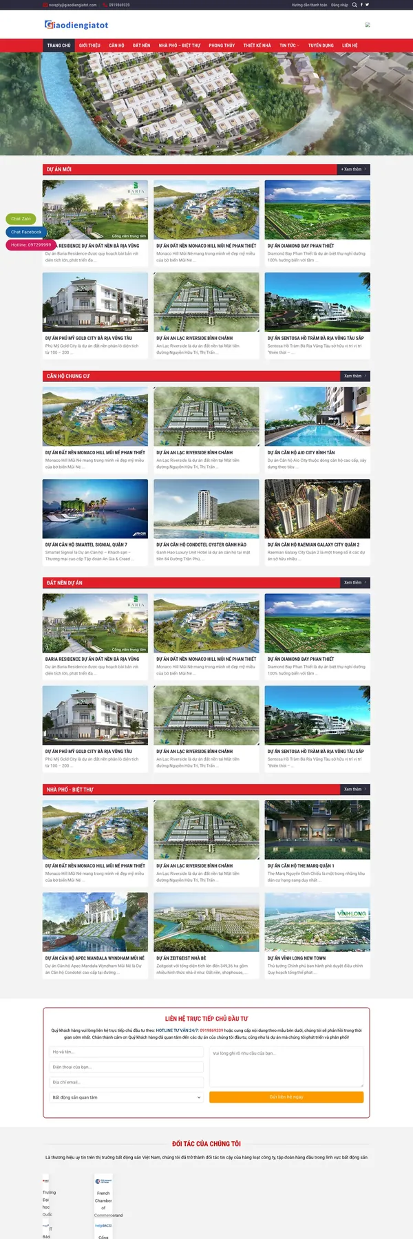 Màn hình đầu mẫu website dự án nhà đất với menu phong thủy, biểu mẫu luật, quy hoạch