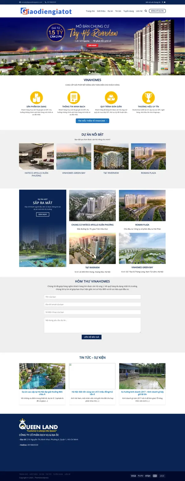 Màn hình đầu mẫu website sàn phân phối căn hộ với bốn cam kết