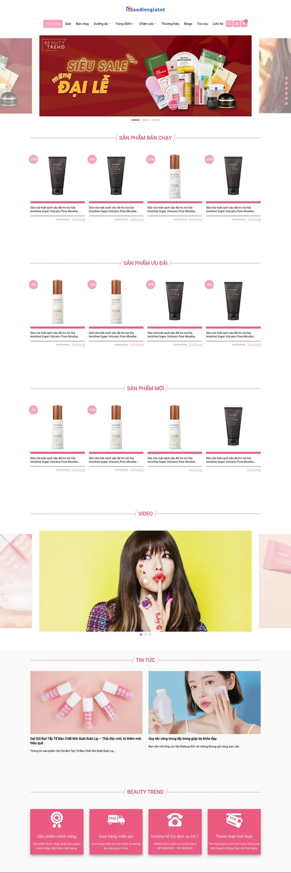 Màn hình đầu mẫu website shop mỹ phẩm tông hồng với banner khuyến mãi