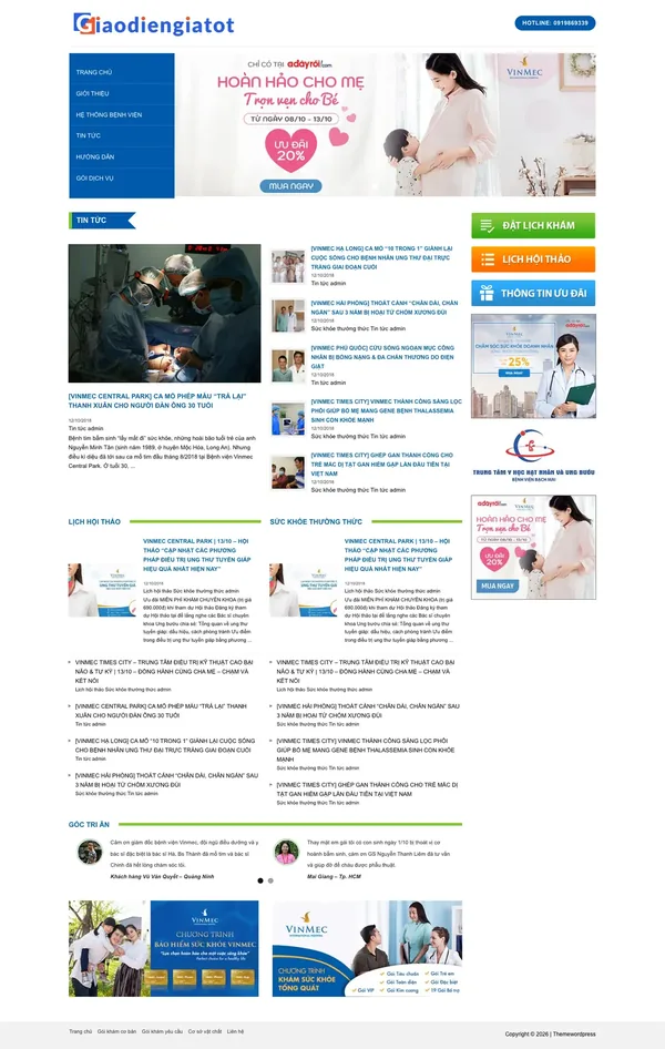 Màn hình đầu mẫu website bệnh viện với menu dọc, banner và nút đặt lịch khám