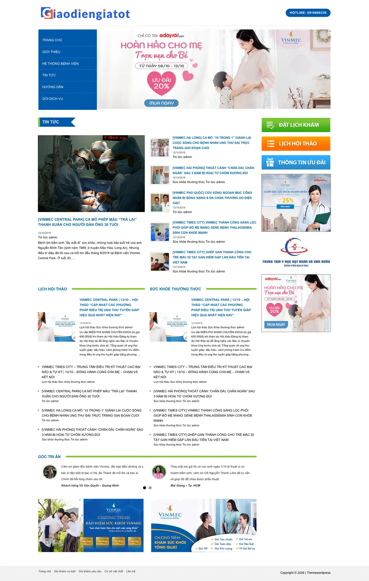 Màn hình đầu mẫu website bệnh viện với menu dọc, banner và nút đặt lịch khám