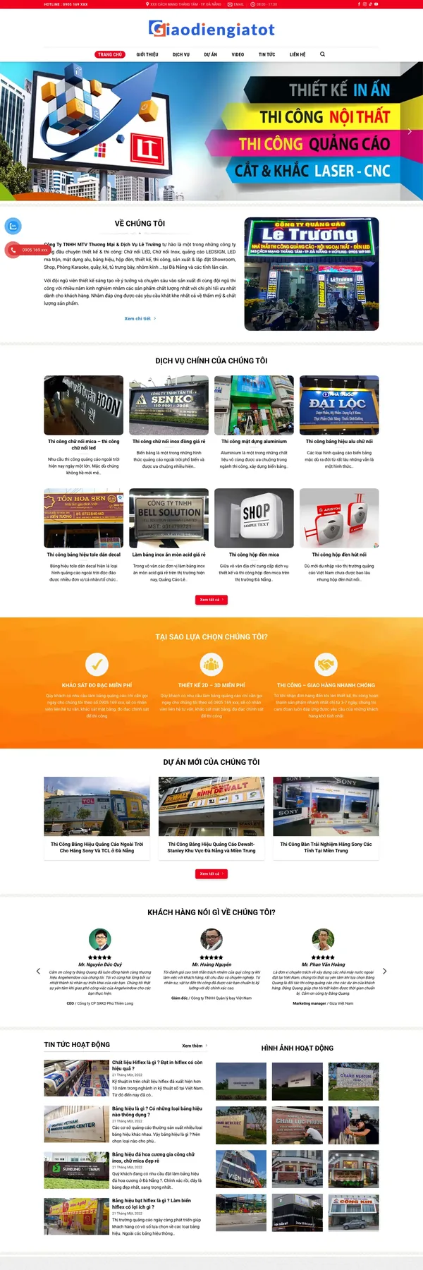 Màn hình đầu mẫu website thi công biển quảng cáo với slider dịch vụ