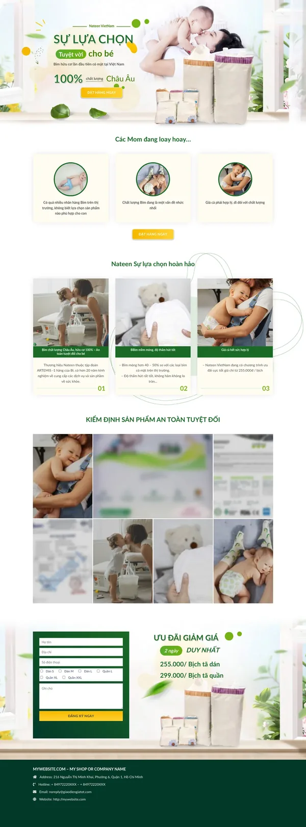 Màn hình đầu mẫu landing page bỉm hữu cơ cho bé tông xanh lá