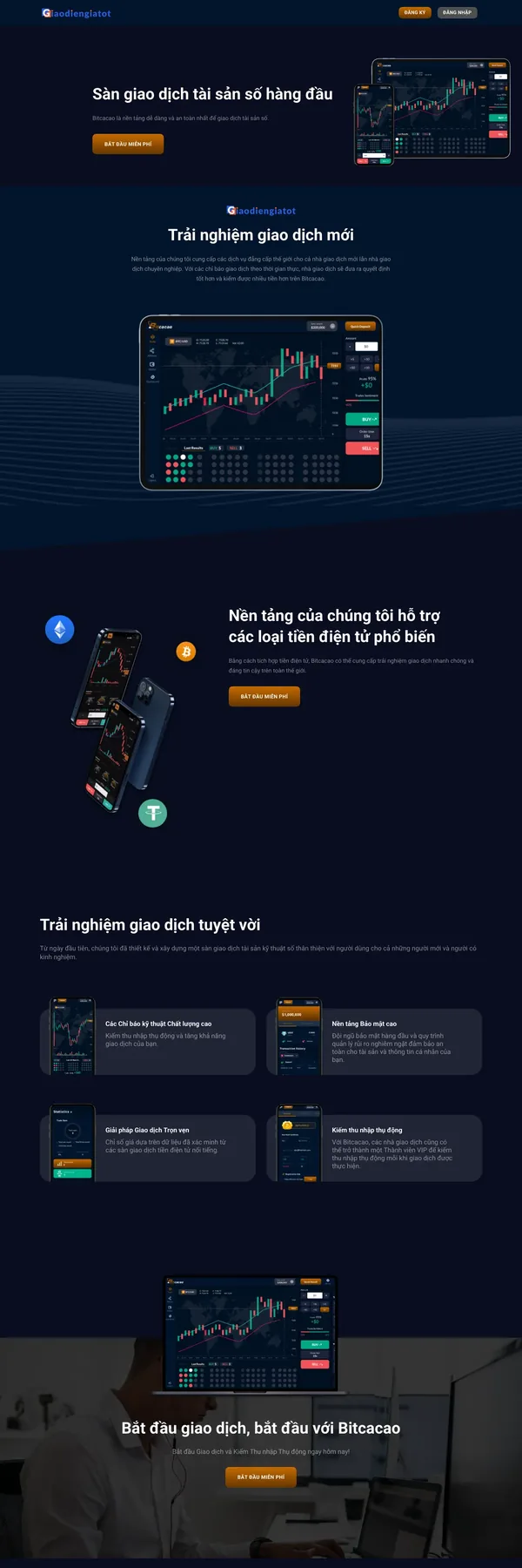 Màn hình đầu mẫu landing page sàn giao dịch tài sản số nền tối với biểu đồ giá