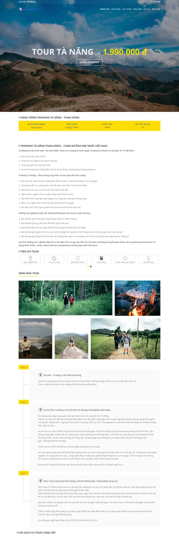 Màn hình đầu mẫu landing page tour trekking với banner núi đồi và giá tour