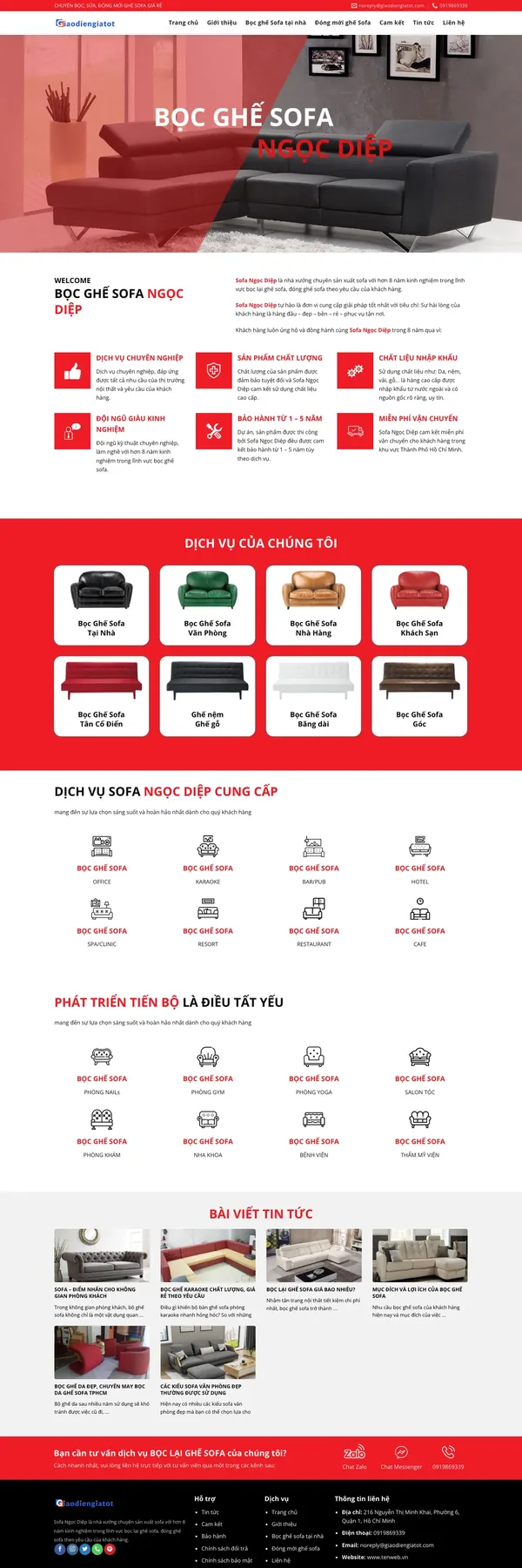 Màn hình đầu mẫu website bọc ghế sofa với slider ghế da và tiêu đề đỏ