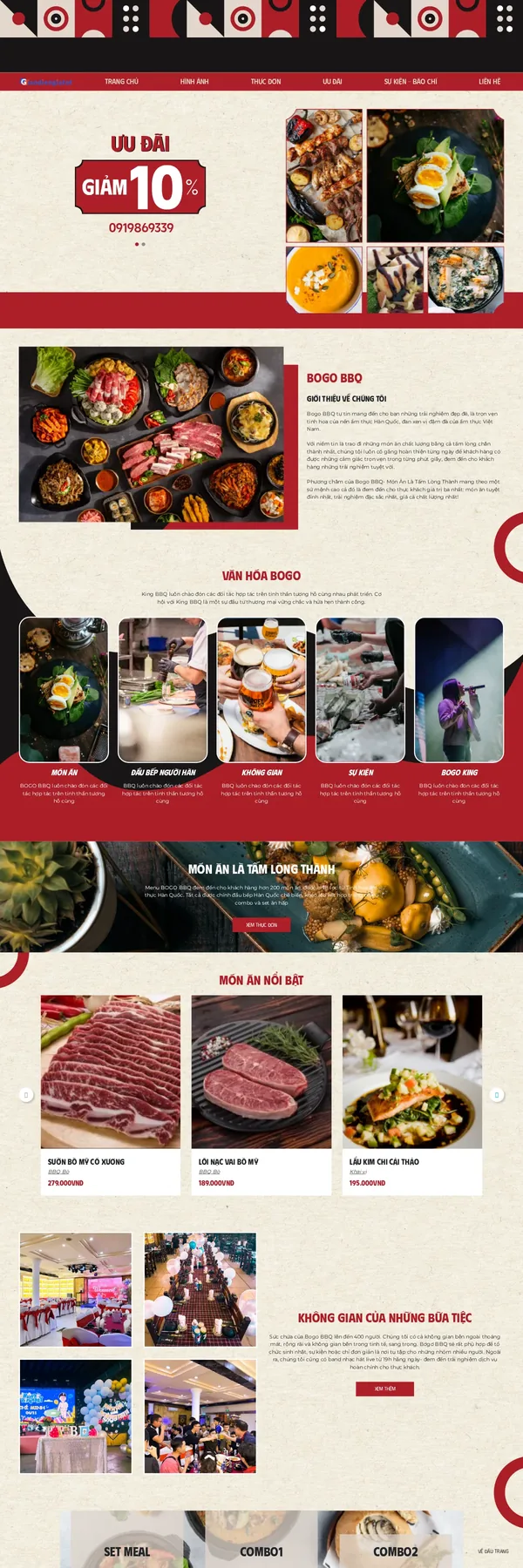 Màn hình đầu mẫu website nhà hàng Hàn Quốc với header họa tiết đỏ đen và ưu đãi