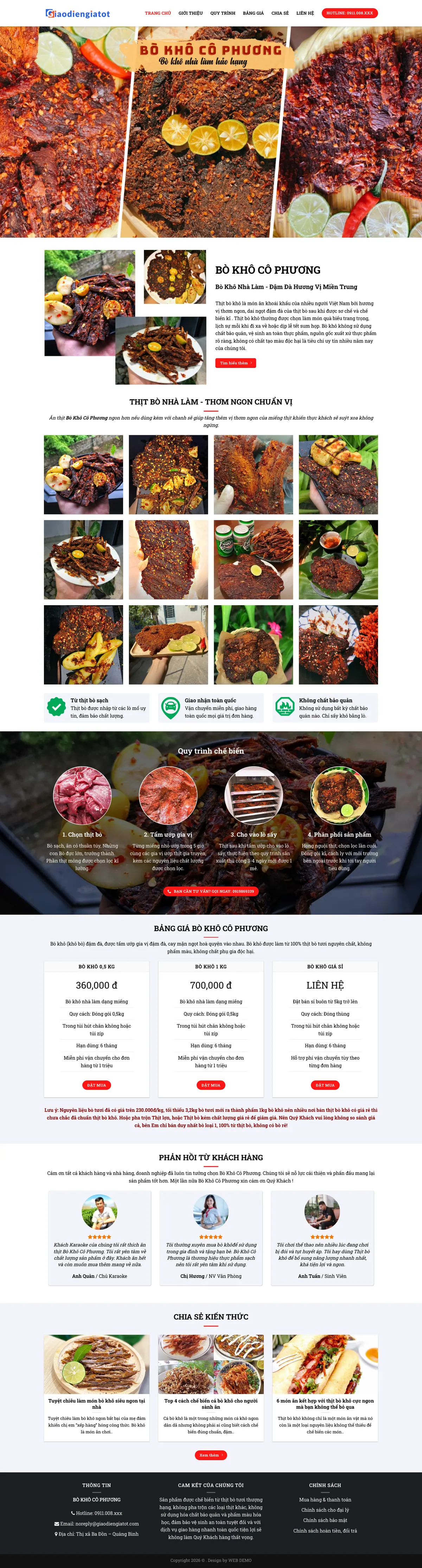 Màn hình đầu mẫu website bò khô nhà làm với ảnh sản phẩm cận cảnh
