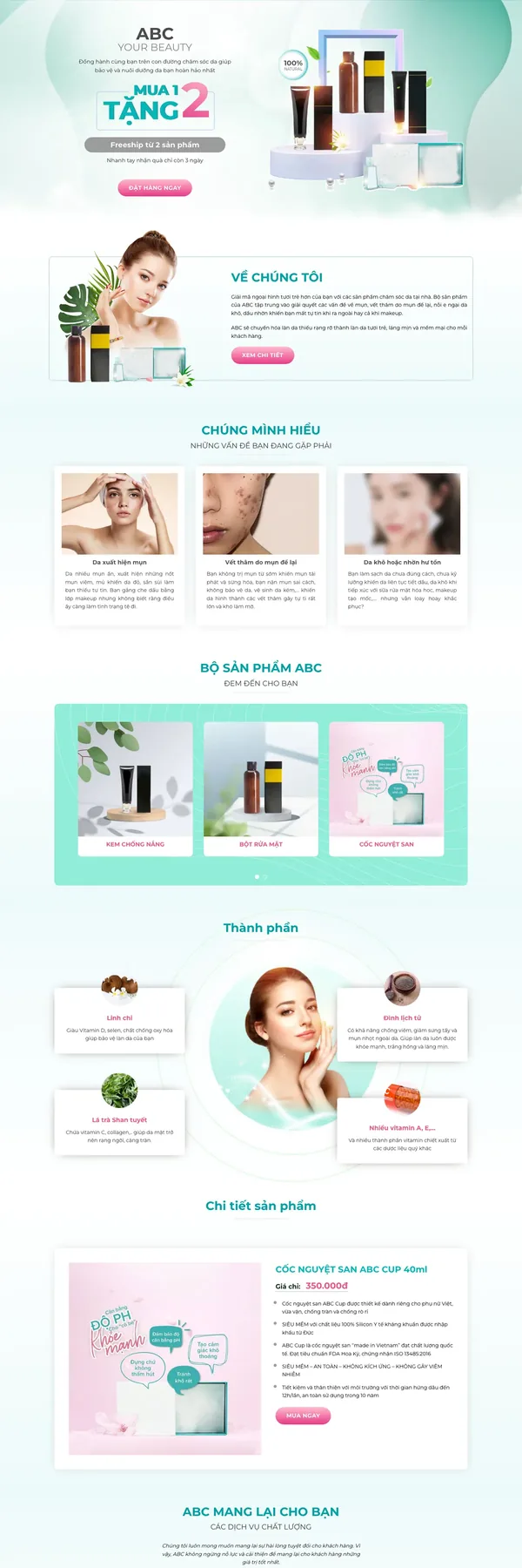 Màn hình đầu mẫu landing page mỹ phẩm trị mụn với banner mua 1 tặng 2
