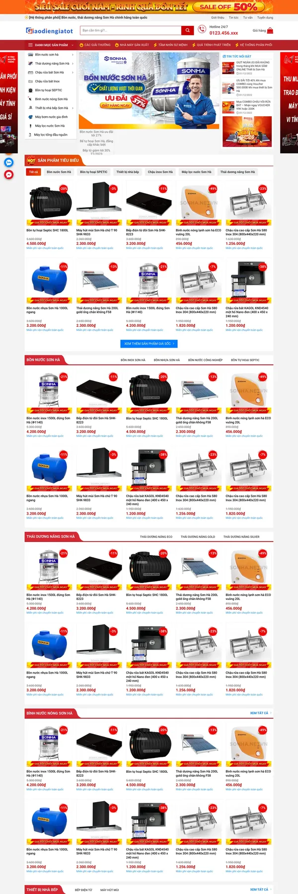 Màn hình đầu mẫu website đại lý bồn nước với menu danh mục và banner khuyến mãi