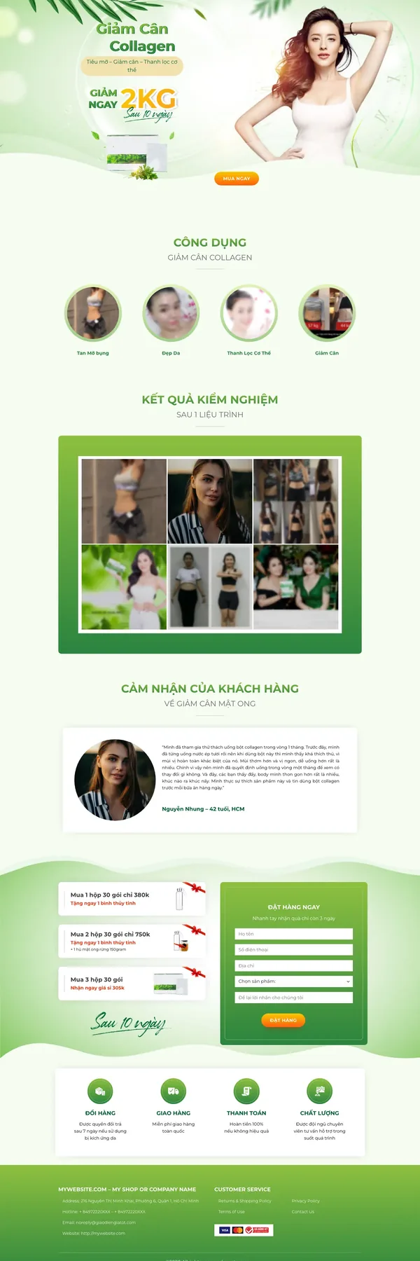 Màn hình đầu mẫu landing page bột giảm cân collagen tông xanh lá