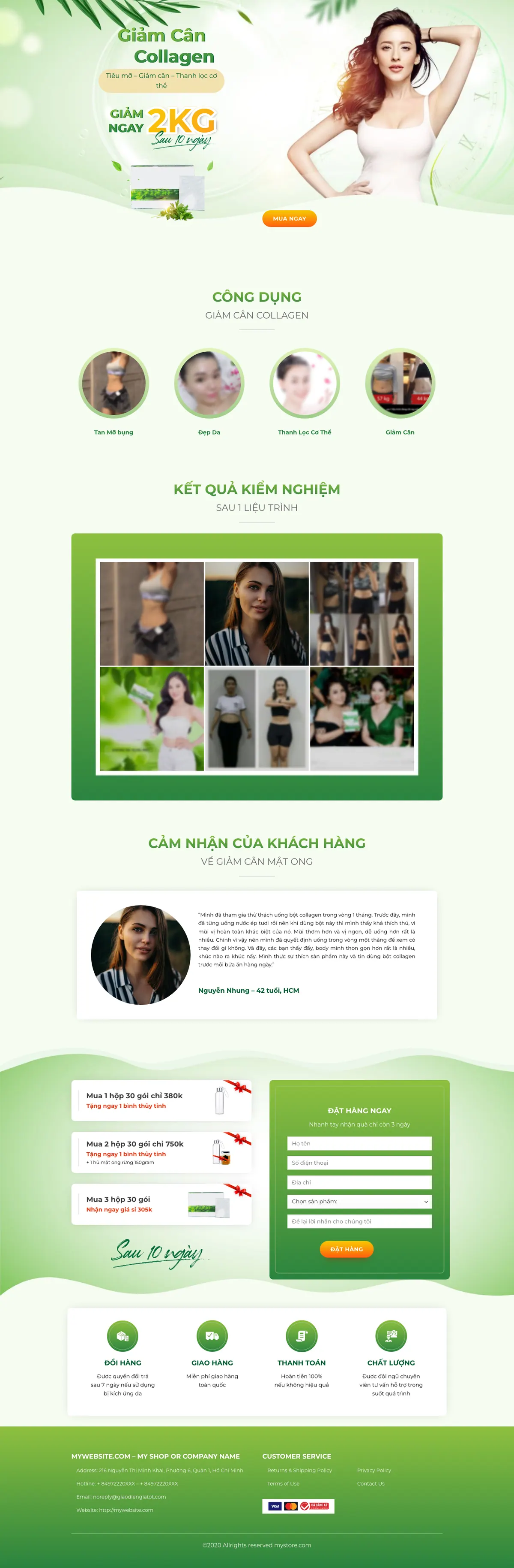 Màn hình đầu mẫu landing page bột giảm cân collagen tông xanh lá