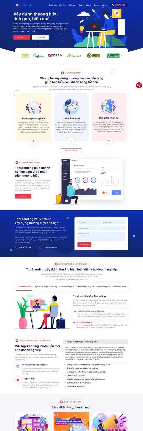 Màn hình đầu mẫu website agency xây dựng thương hiệu với hình minh họa nền xanh