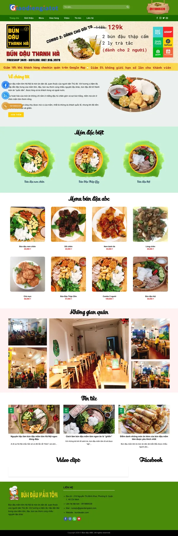 Màn hình đầu mẫu website quán bún đậu mắm tôm với banner kiểu biển hiệu