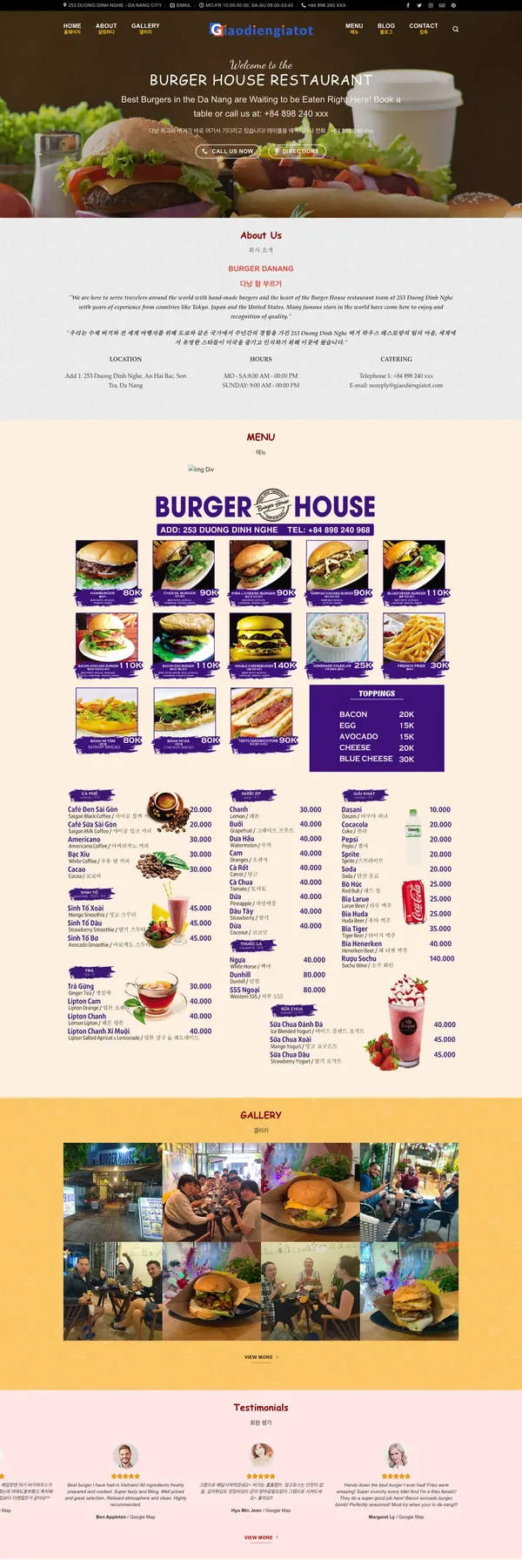 Màn hình đầu mẫu website nhà hàng burger với banner chào mừng và nút gọi điện