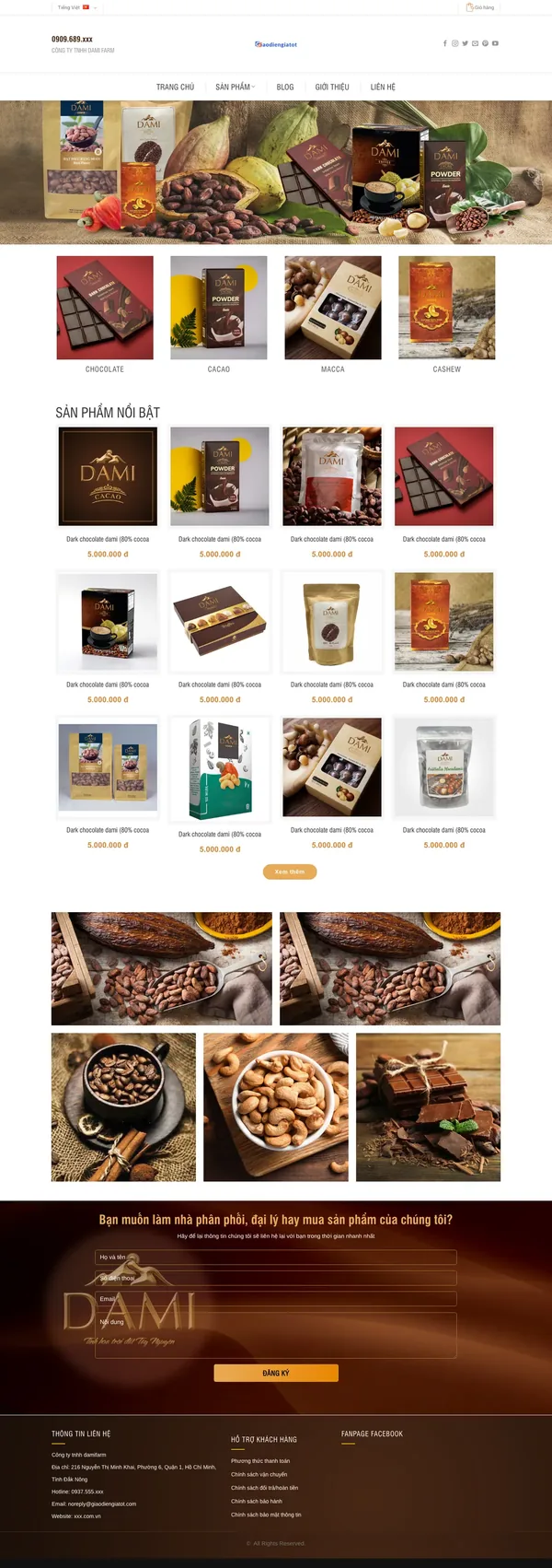Màn hình đầu mẫu website socola và cacao với slider ảnh bao bì sản phẩm