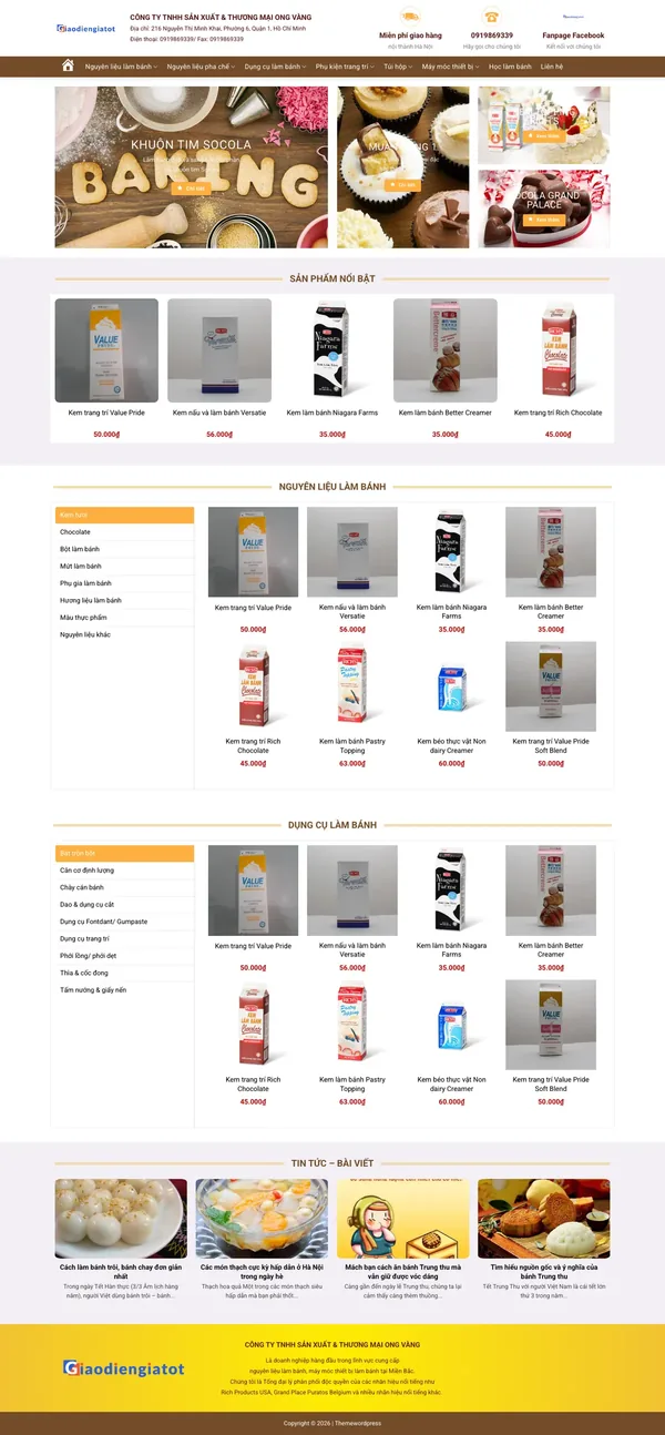 Màn hình đầu mẫu website nguyên liệu làm bánh với banner khuyến mãi kem và socola