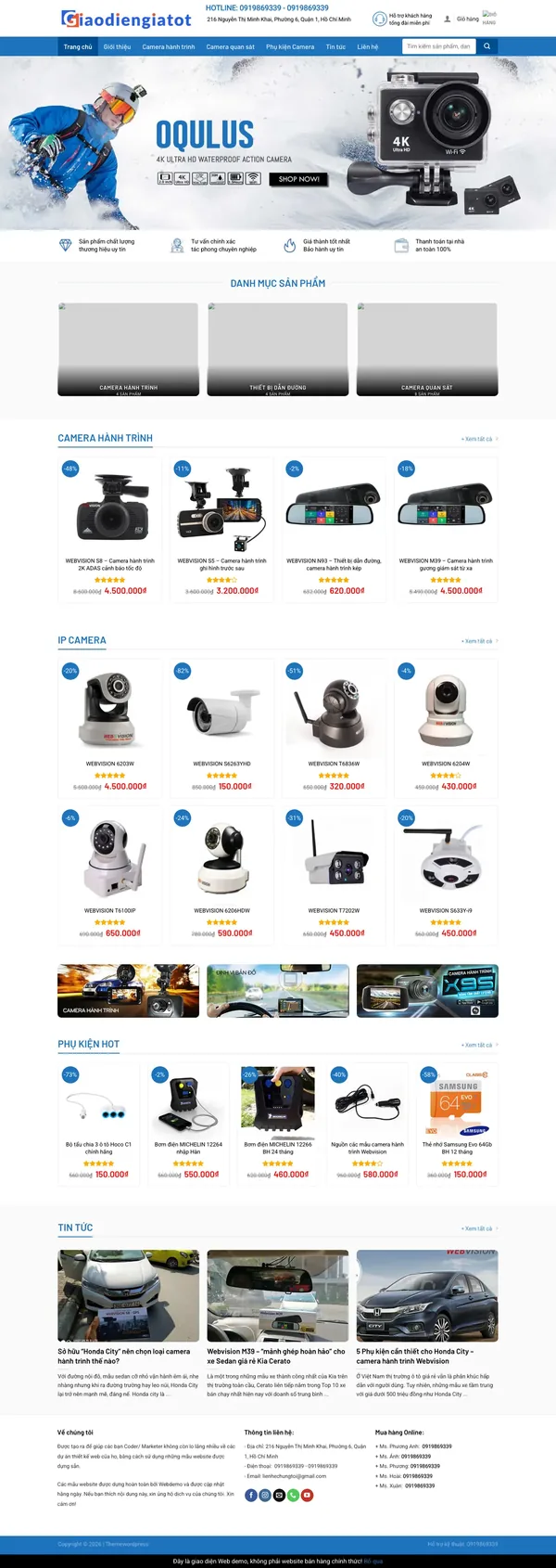 Màn hình đầu mẫu website shop camera hành trình với slider và thanh menu xanh dương
