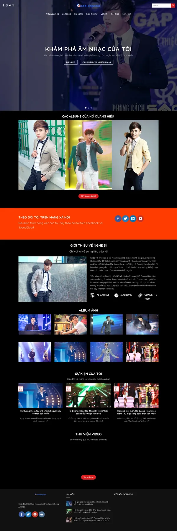 Màn hình đầu mẫu website cá nhân ca sĩ với banner khám phá âm nhạc