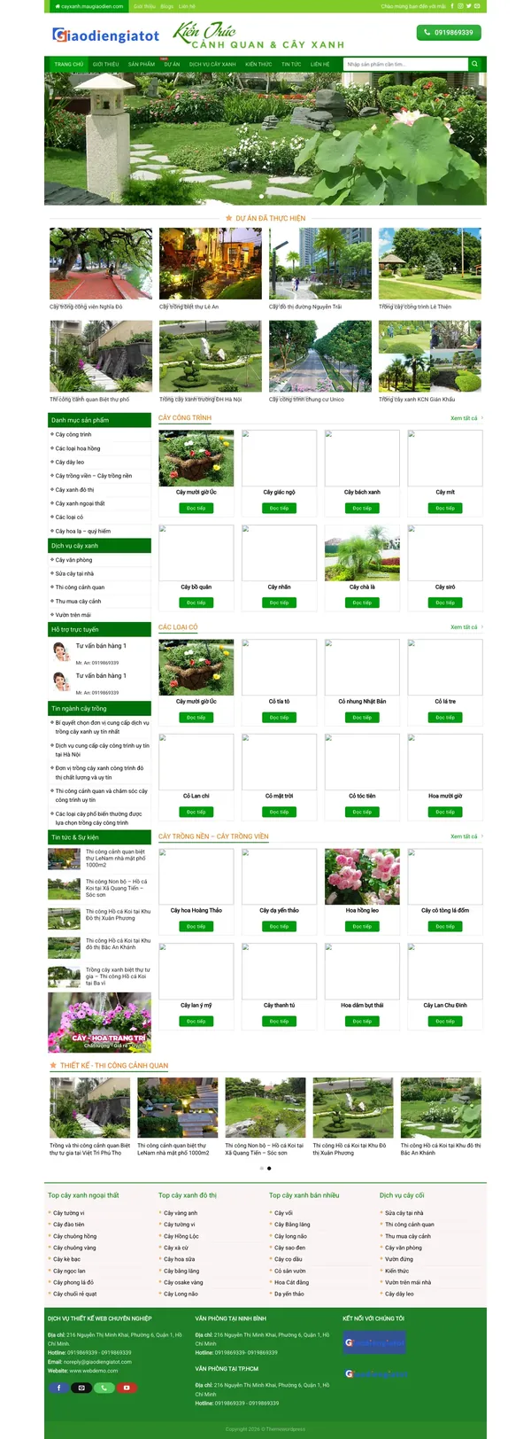 Màn hình đầu mẫu website cây xanh công trình và cảnh quan sân vườn