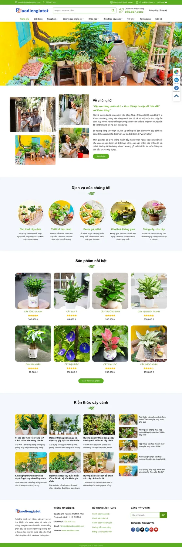 Màn hình đầu mẫu website cây cảnh decor và cho thuê cây