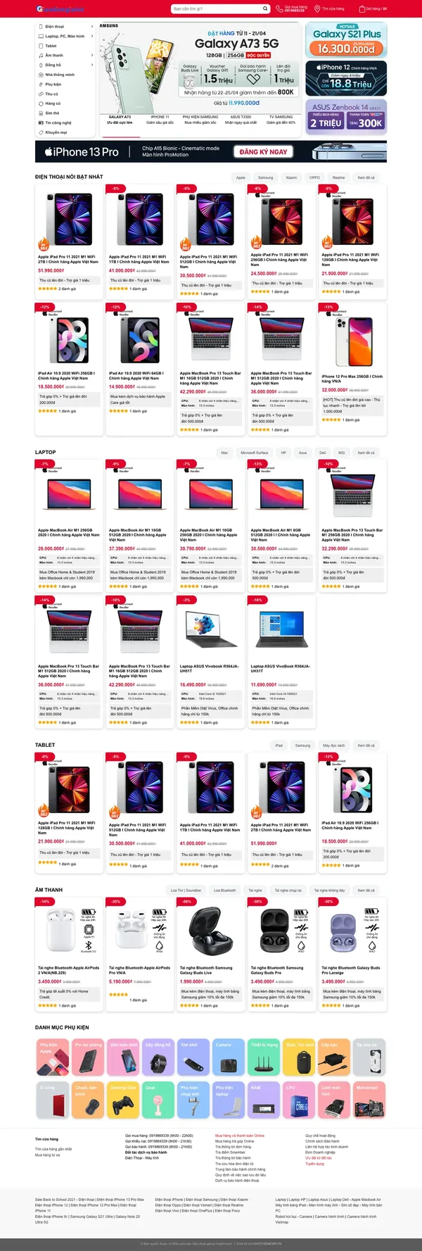 Màn hình đầu mẫu website bán điện thoại tông đỏ với menu danh mục và slider khuyến mãi