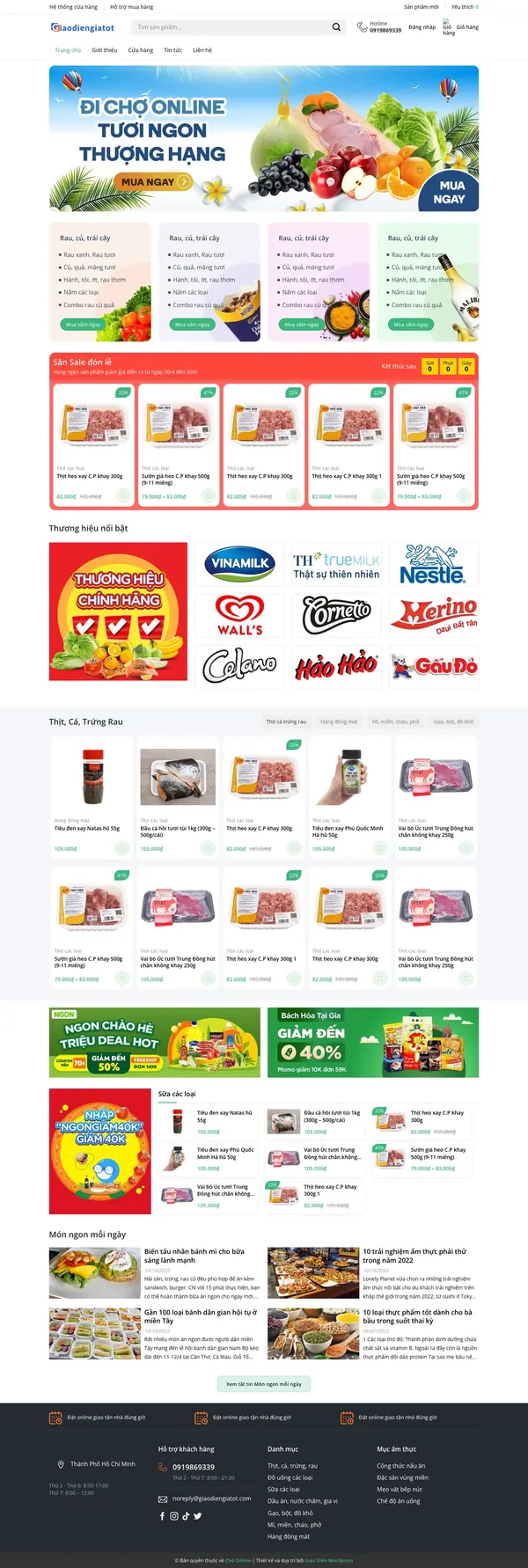 Màn hình đầu mẫu website chợ thực phẩm tươi sống online trên máy tính