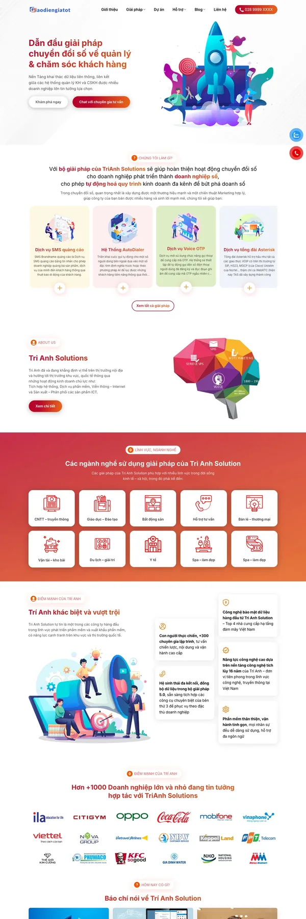 Màn hình đầu mẫu website giải pháp tổng đài và CRM với lưới dịch vụ