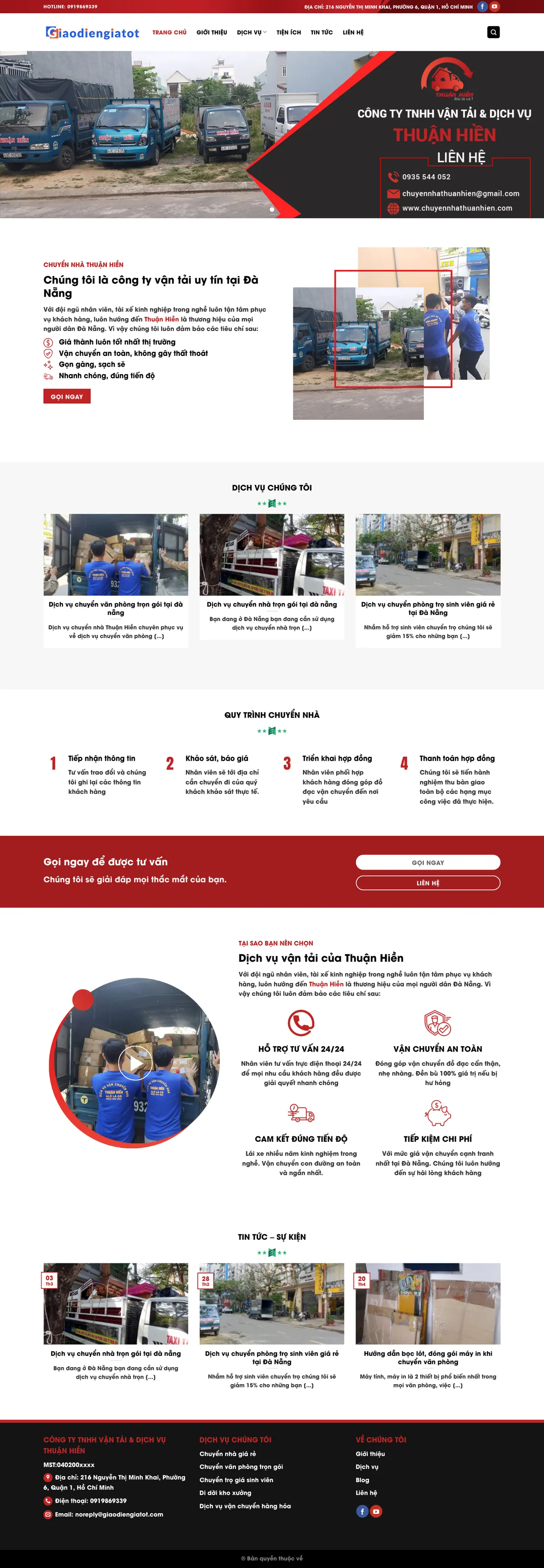 Màn hình đầu mẫu website dịch vụ chuyển nhà trọn gói với nút gọi ngay