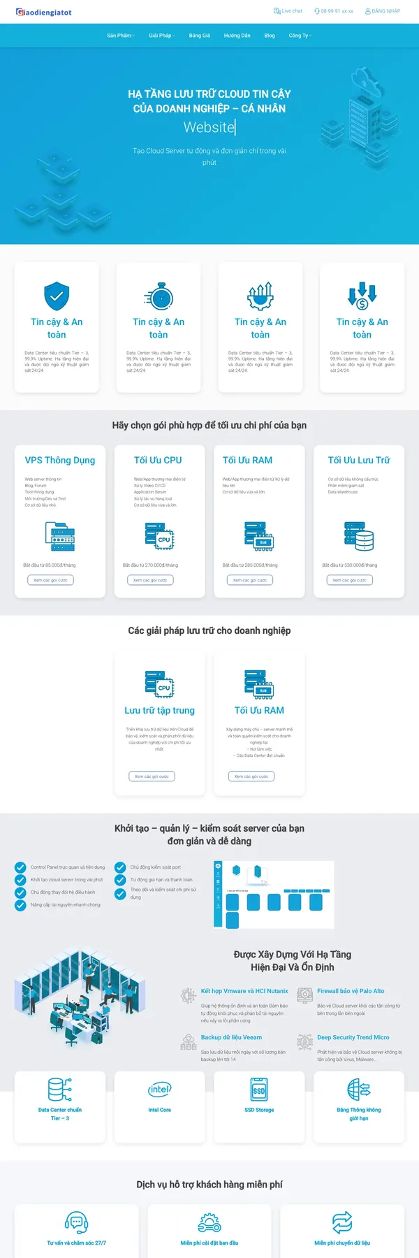 Màn hình đầu mẫu website dịch vụ cloud server tông xanh công nghệ