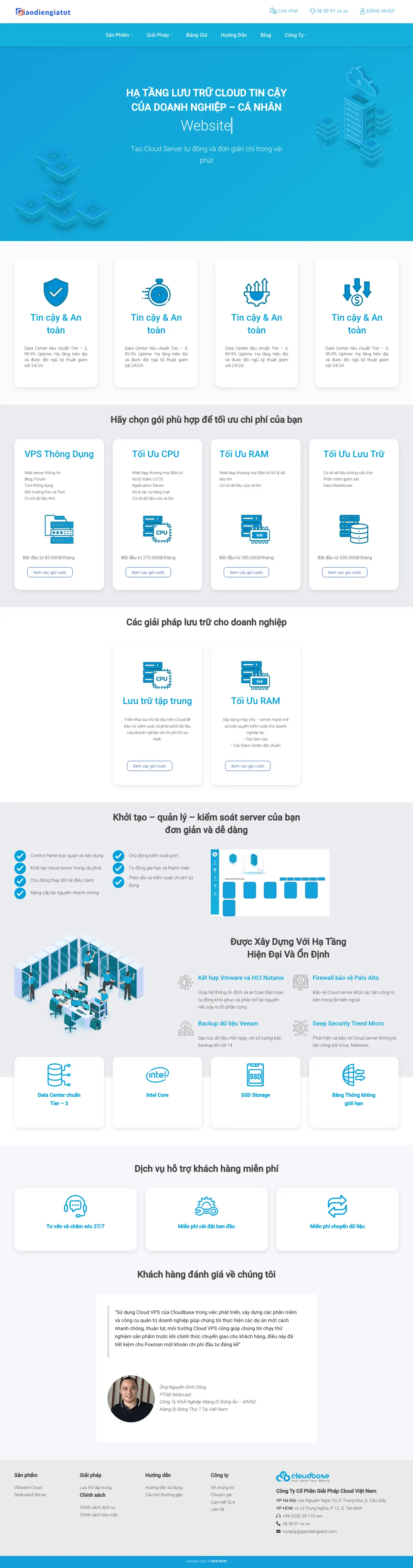 Màn hình đầu mẫu website dịch vụ cloud server tông xanh công nghệ