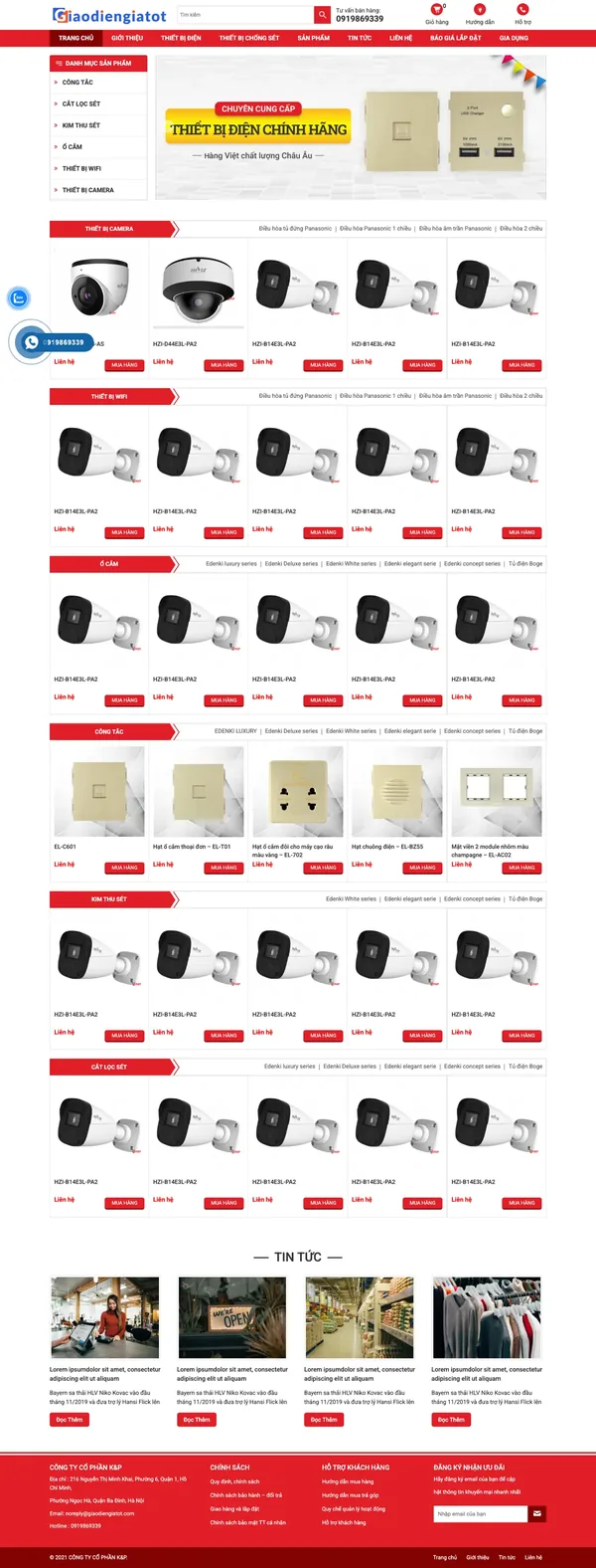 Màn hình đầu mẫu website thiết bị điện với danh mục và banner đỏ