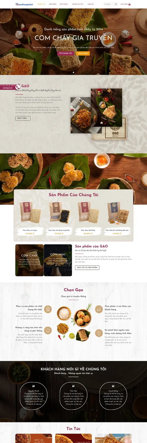 Màn hình đầu mẫu website cơm cháy đặc sản với banner thương hiệu