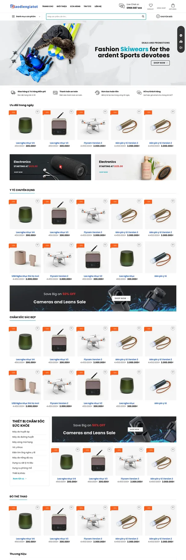 Màn hình đầu mẫu website thiết bị y tế với banner và ô tìm kiếm