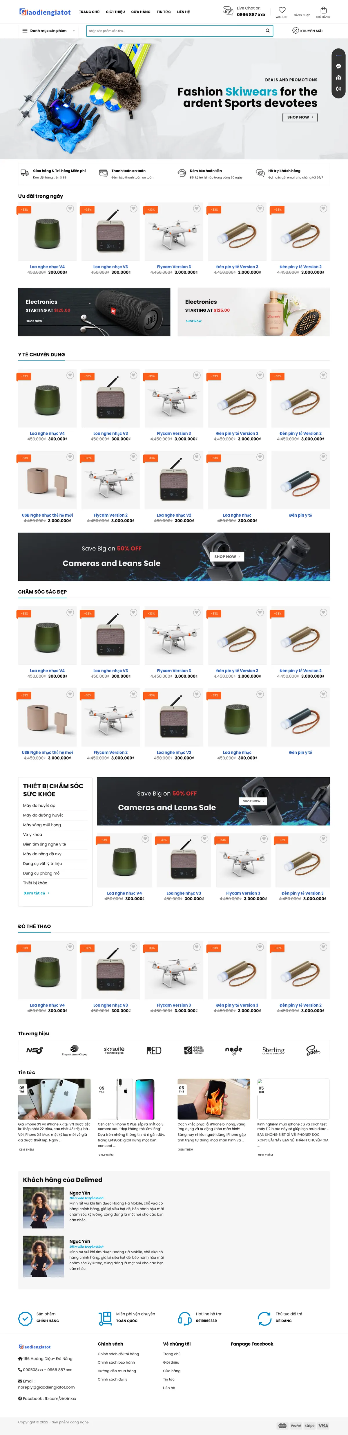 Màn hình đầu mẫu website thiết bị y tế với banner và ô tìm kiếm