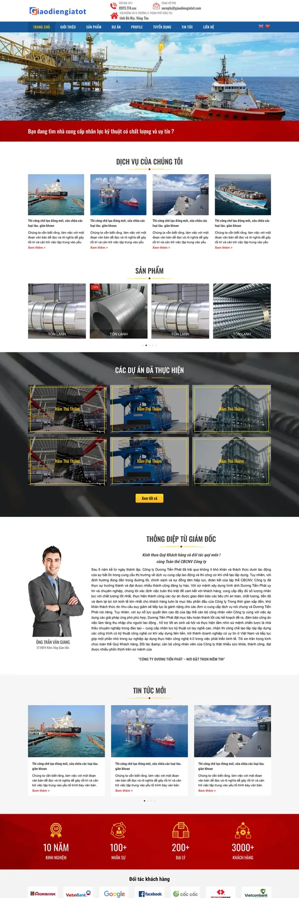 Màn hình đầu mẫu website công ty cơ khí đóng tàu với ảnh giàn khoan