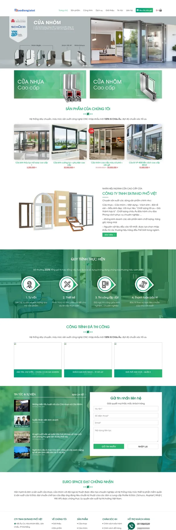 Màn hình đầu mẫu website xưởng cửa nhựa lõi thép với banner sản phẩm