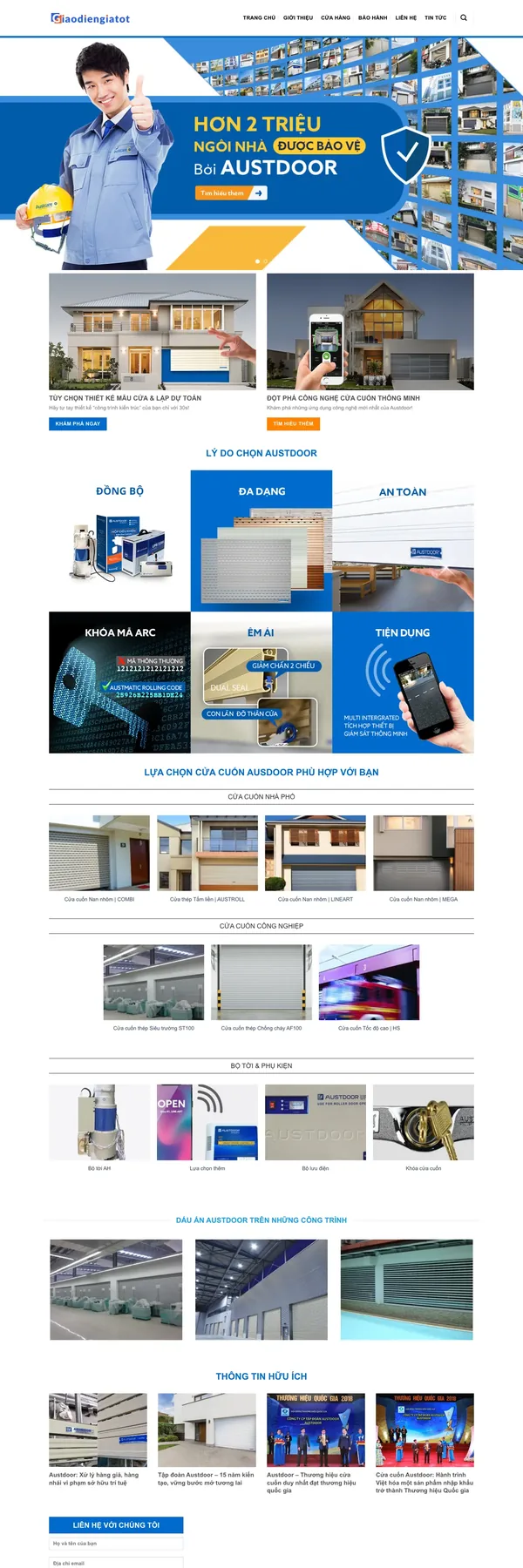Màn hình đầu mẫu website cửa cuốn với khối thiết kế mẫu cửa và lập dự toán
