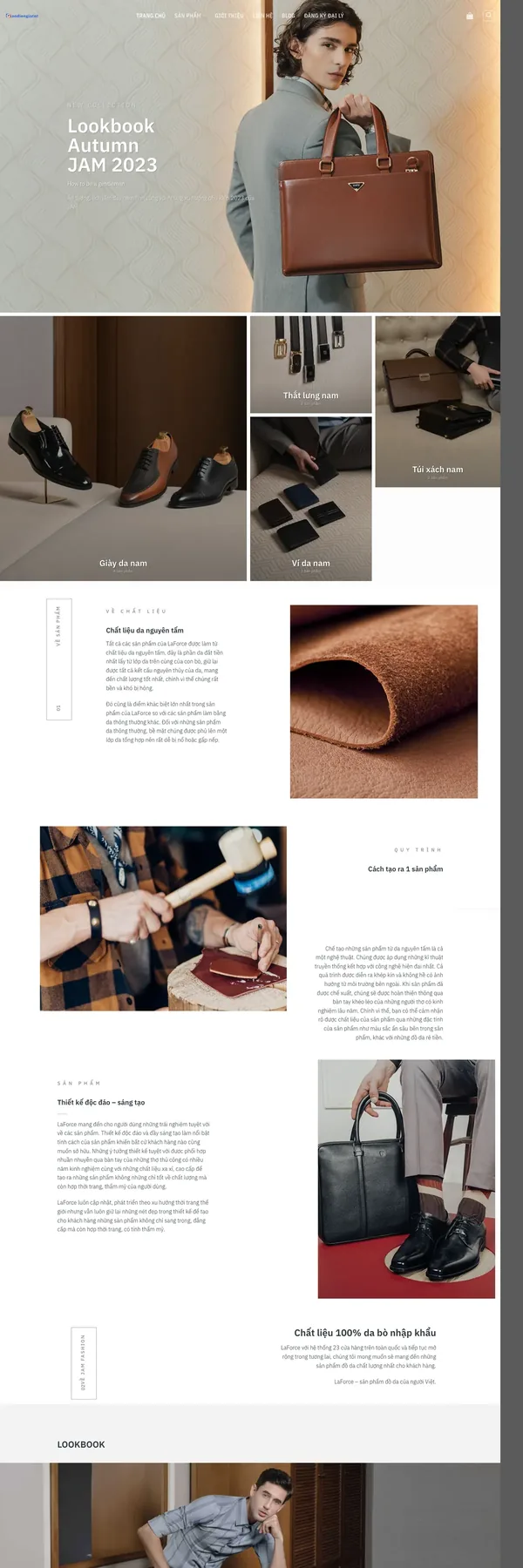 Màn hình đầu mẫu website đồ da nam với ảnh lookbook người mẫu cầm cặp da
