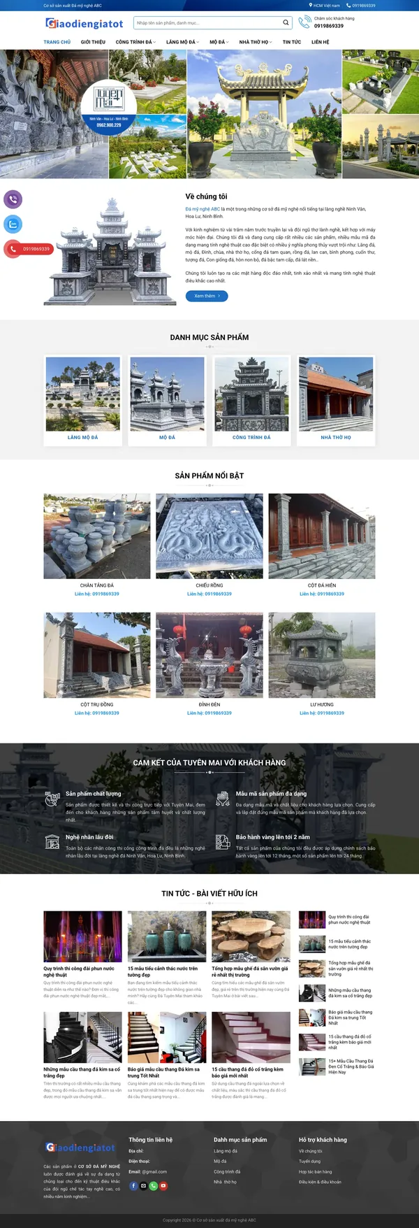 Màn hình đầu mẫu website đá mỹ nghệ với menu danh mục lăng mộ và công trình đá