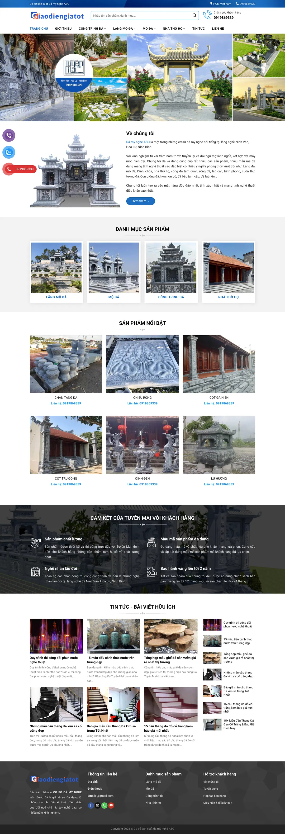 Màn hình đầu mẫu website đá mỹ nghệ với menu danh mục lăng mộ và công trình đá