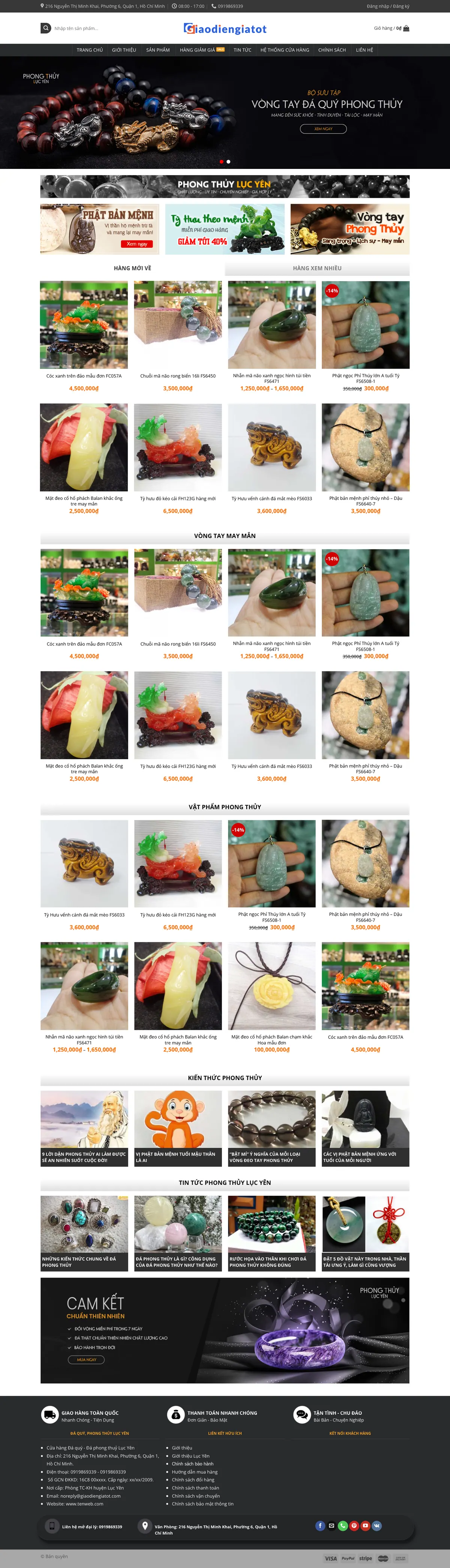 Màn hình đầu mẫu website đá quý phong thủy với thanh địa chỉ, hotline và menu danh mục