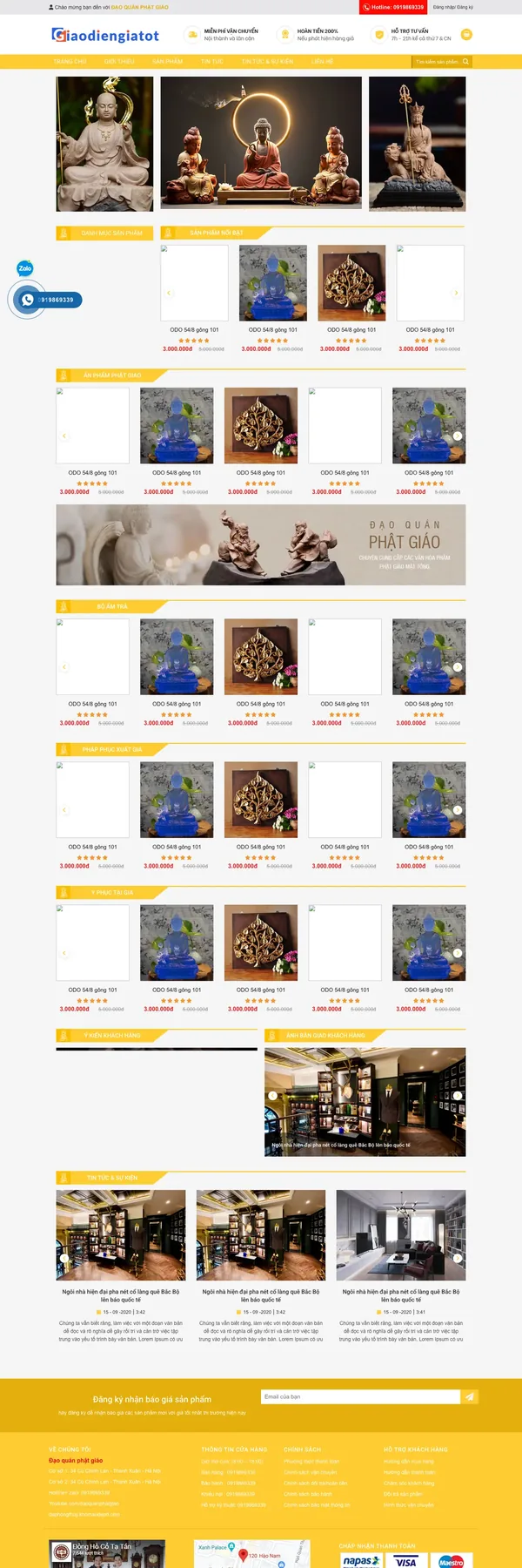 Màn hình đầu mẫu website cửa hàng đồ Phật giáo với banner tượng Phật