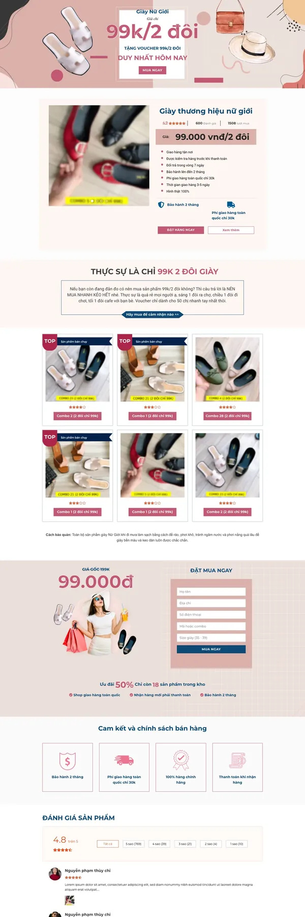 Màn hình đầu mẫu landing page bán giày dép nữ với banner voucher hồng