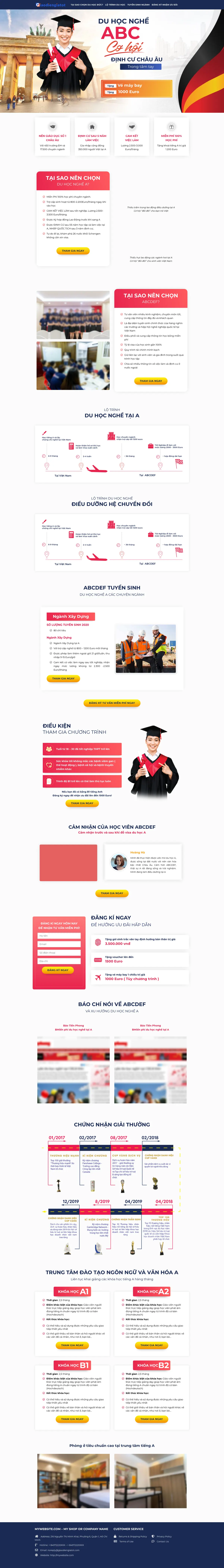 Màn hình đầu mẫu landing page du học nghề Đức với ảnh tân sinh viên