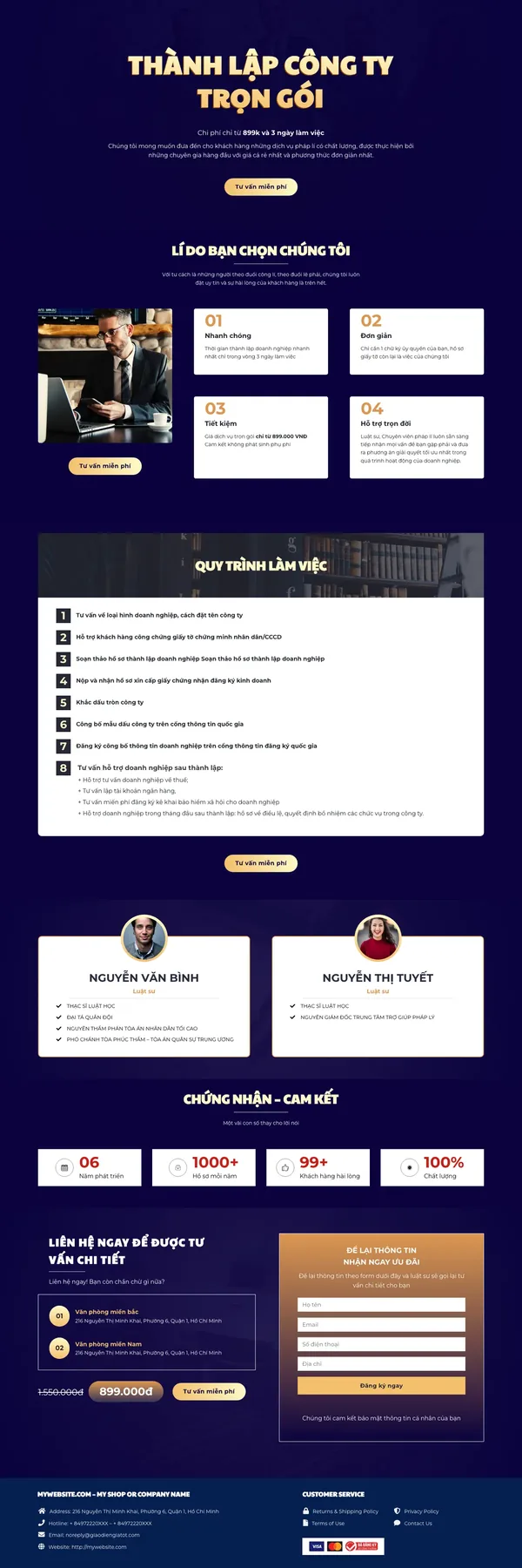 Màn hình đầu mẫu landing page dịch vụ thành lập công ty trọn gói