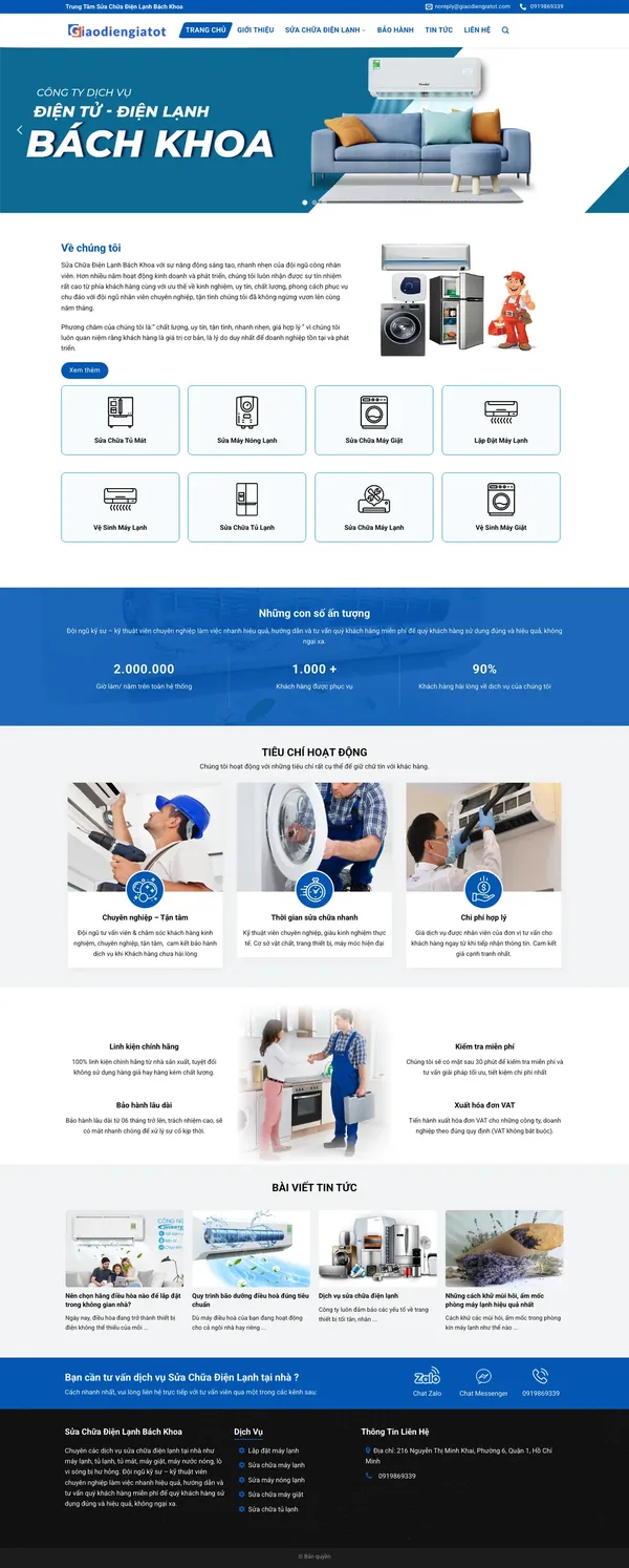 Màn hình đầu mẫu website trung tâm sửa chữa điện lạnh với banner thiết bị và menu xanh