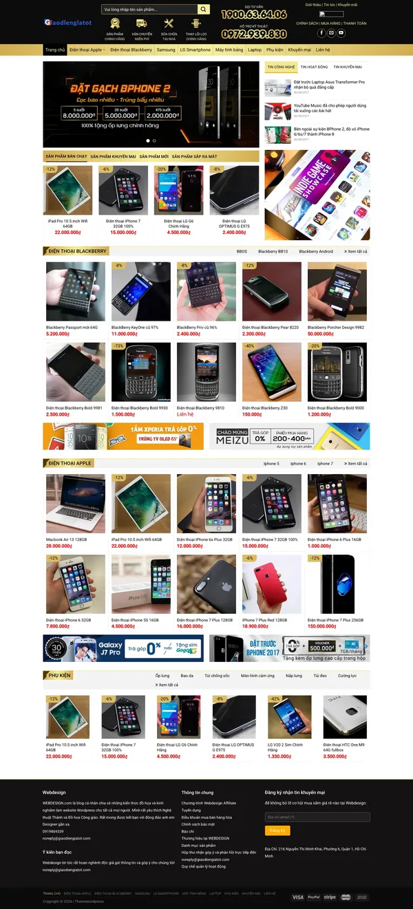 Màn hình đầu mẫu website shop điện thoại tông đen vàng với slider và cột tin