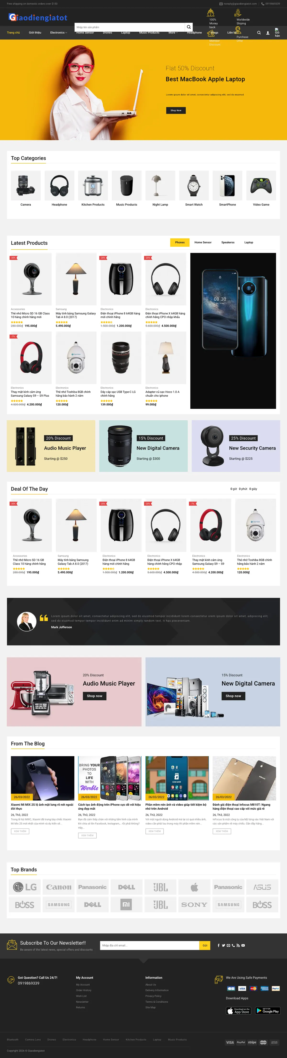 Màn hình đầu mẫu website cửa hàng đồ công nghệ với banner vàng và thanh menu tối