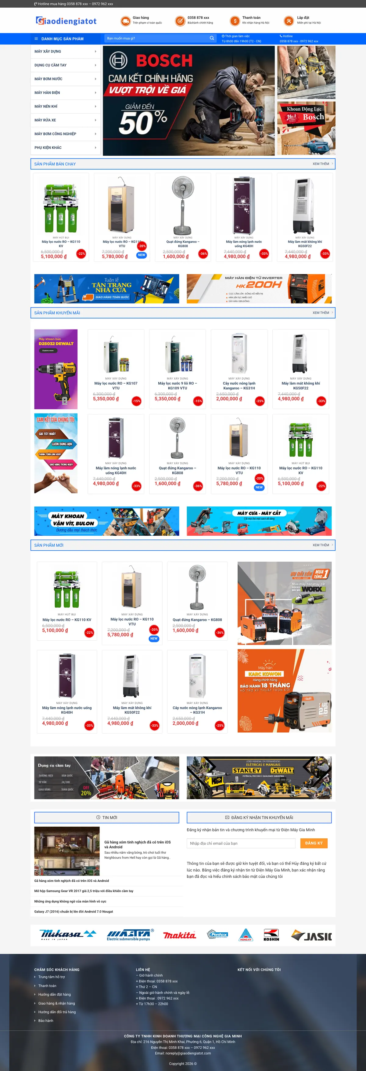 Màn hình đầu mẫu website máy xây dựng với danh mục dọc và banner dụng cụ điện
